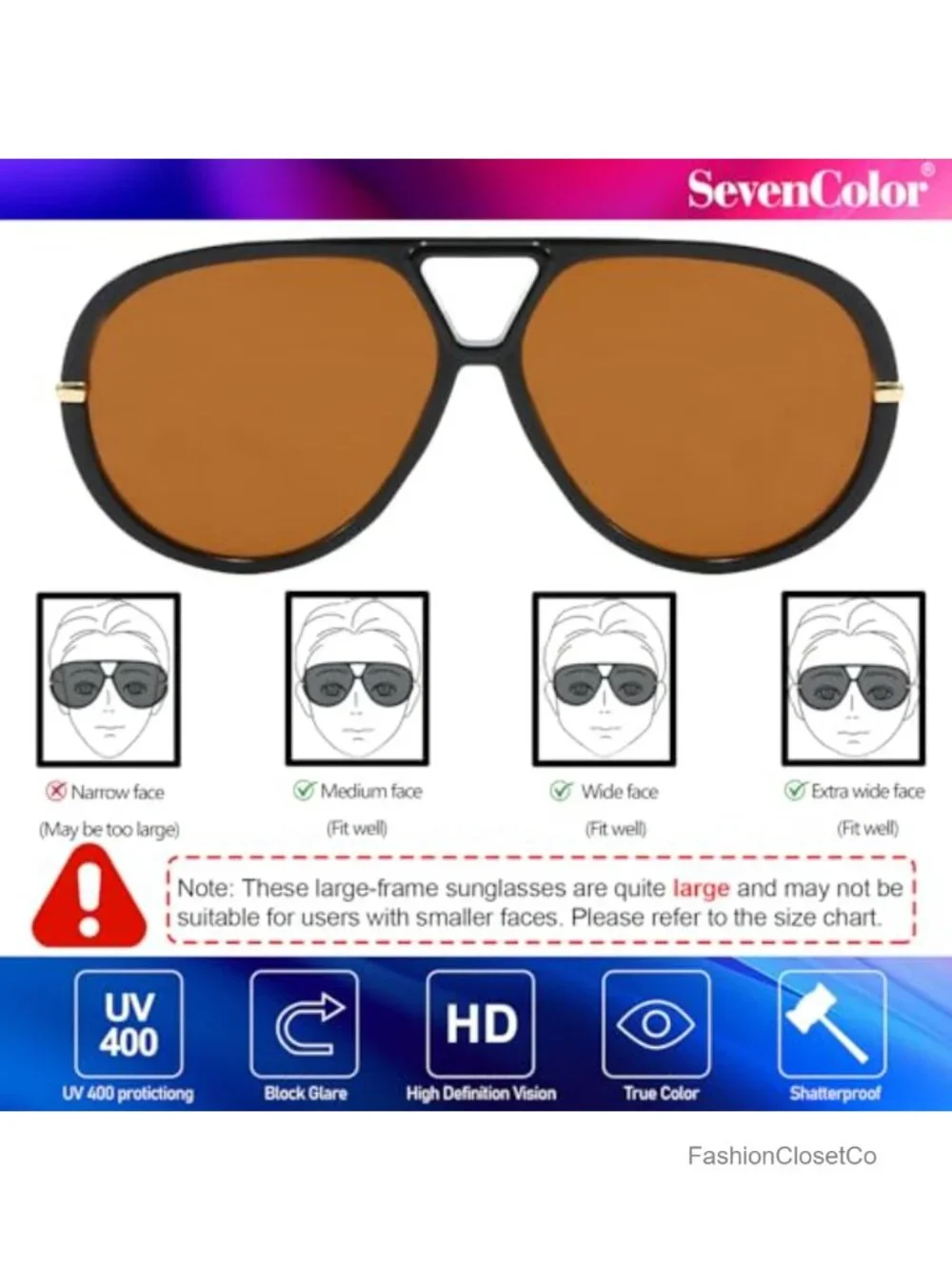 Oversized Aviator Sunglasses Retro Shield UV400 Protection Vintage